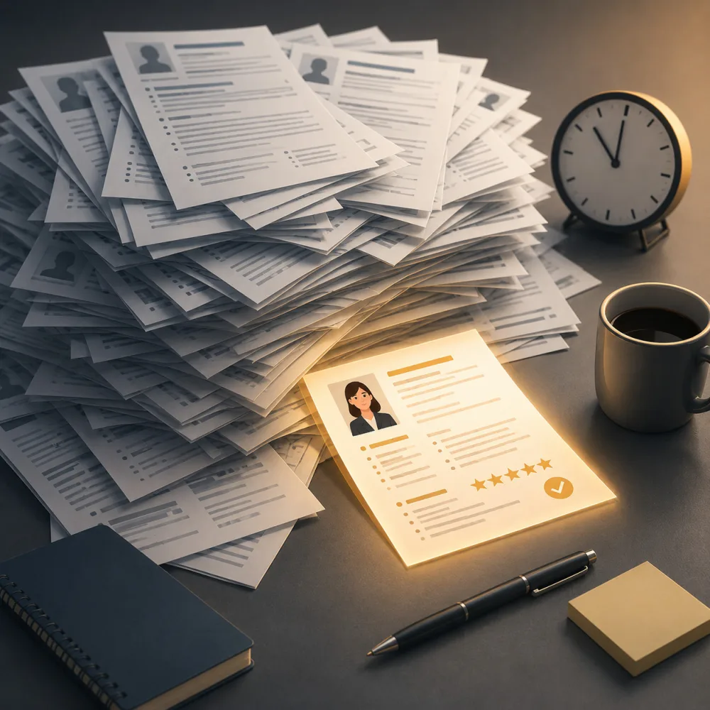 A tall pile of near-identical paper resumes on a desk beside a clock and a coffee, with one resume pulled out and glowing gold — the standout candidate finally surfaced from the stack.